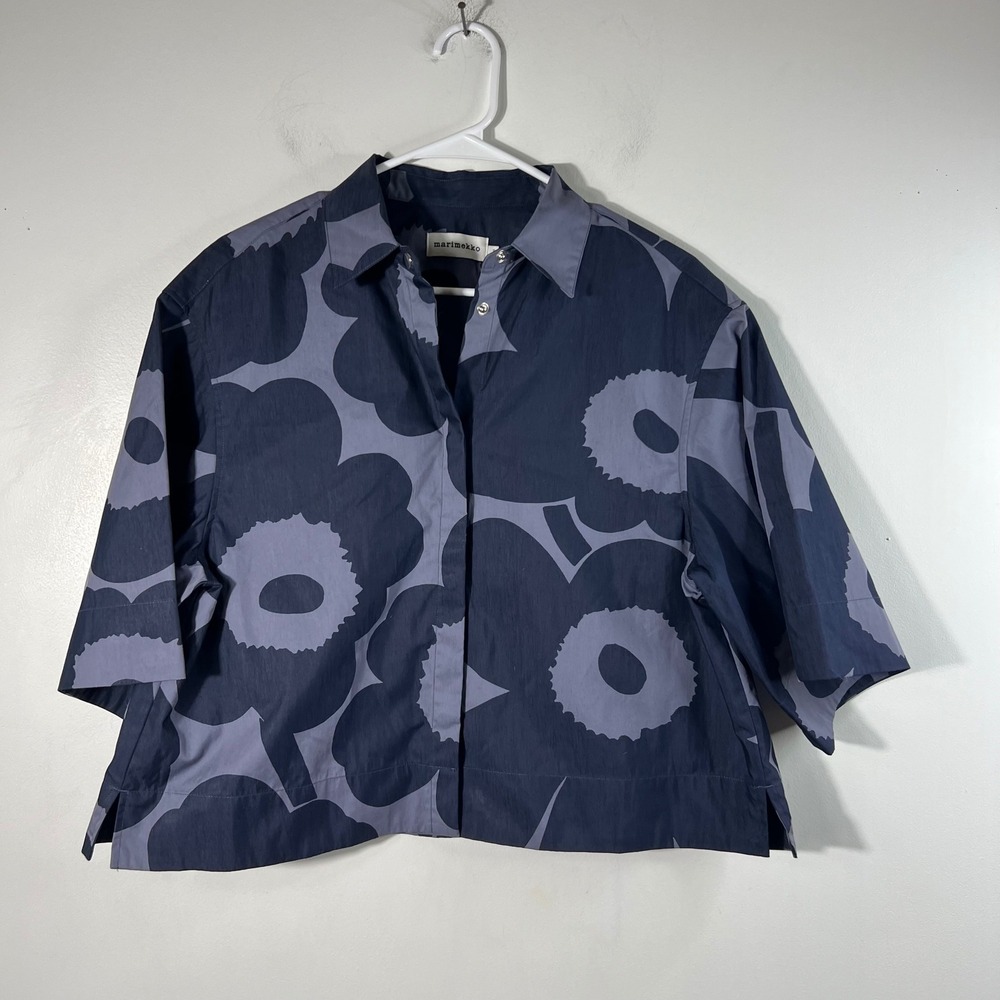 Marimekko Kiertorata Unikko Navy Blue Floral Boxy Button Down Top Size 38